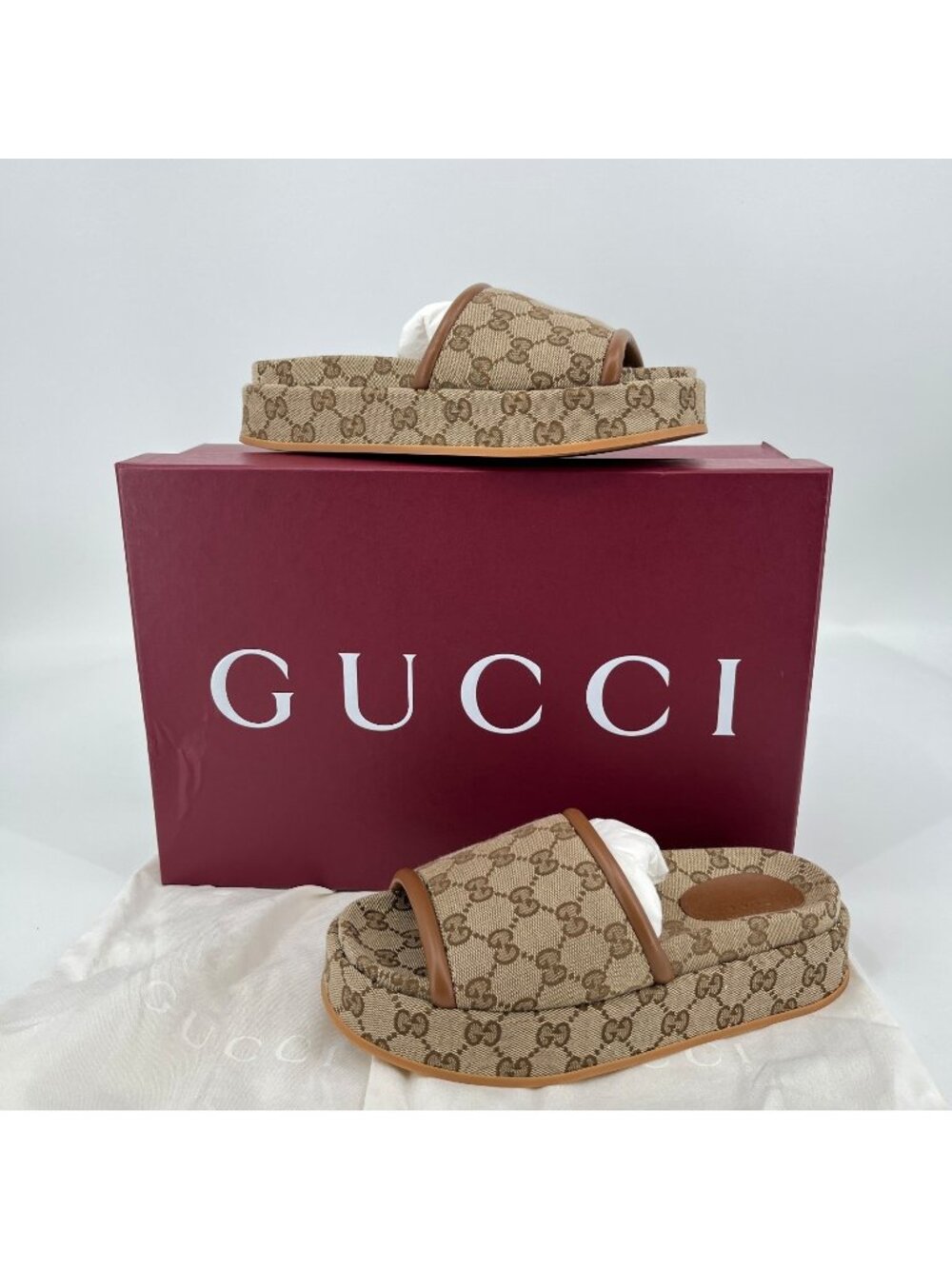 Gucci Clarice GG Platform Sandals Beige Brown Size 7 EU 37 Canvas Leather 816797